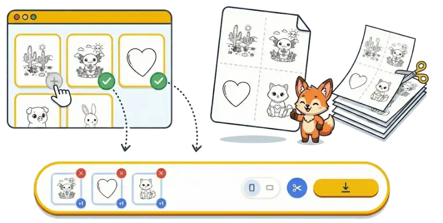 Illustration showing how to select coloring pages and print multiple on one sheet